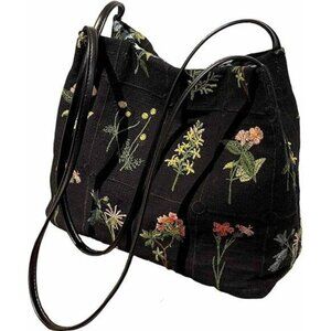 Black Floral Embroidered Canvas Tote Bag for Women, Small Reusable Casual Crossb
